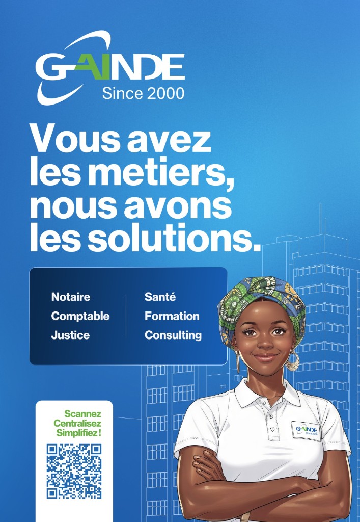 Affiche GAINDE — Vous avez les métiers, nous avons les solutions. Secteurs : notaire, comptable, justice, santé, formation et consulting.